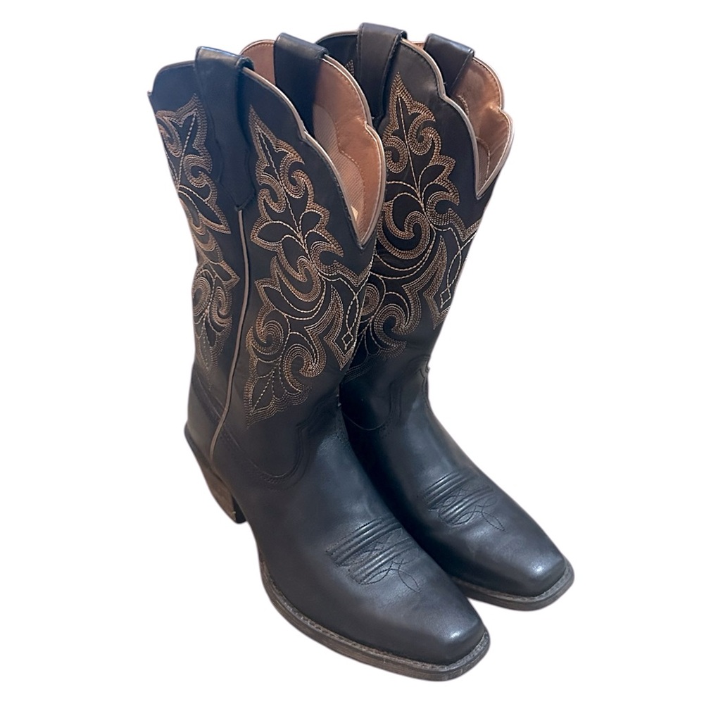 Ariat RoundUp Square Toe Limousine Black Tan Stitching Western Cowboy Boot Sz 7